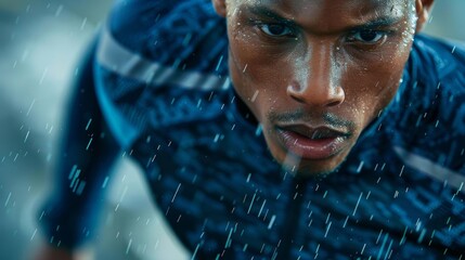 Closeup action shot of a runner s face and upper body, focusing on the texture and fit of the sweatwicking sportswear against an intense workout backdrop