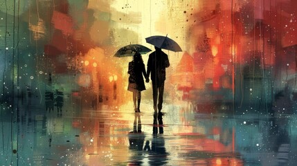 Digital watercolor of a couple walking in the rain, umbrellas and reflective puddles in muted colors