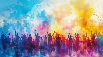Digital watercolor of a summer festival, crowds and festivity in a burst of joyful colors