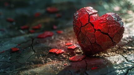 Heart disease represented by a fraying red heart, deep cracks filled with dark shadows