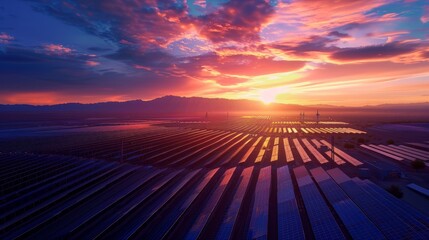 Aerial view of a solar power plant against the backdrop of a vibrant sunse