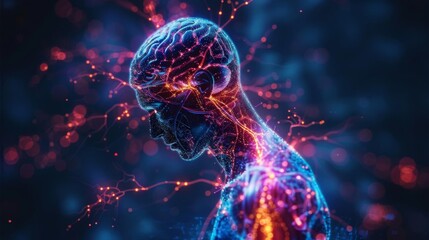 Multiple sclerosis, fragmented nerve pathways in a human silhouette, disconnection and pain