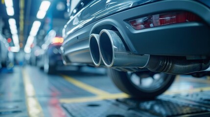 Obraz premium Technician inspecting a car s exhaust system, environmental awareness and expertise