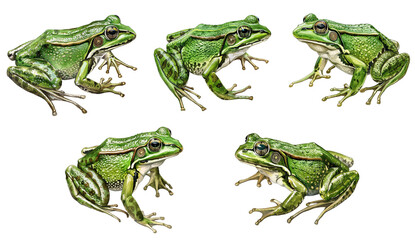Watercolor set of frogs isolated on transparent background.