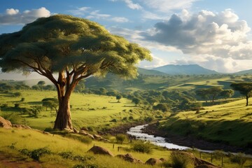 Generative AI. Kenya landscape. Majestic Acacia Tree Overlooking Serene African Savannah Landscape.