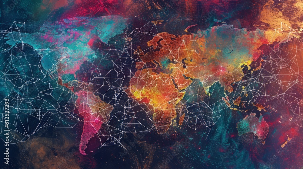 Poster artistic depiction of a world map with interconnected lines representing unity