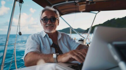 photography of a chilled out 65 year old CEO man working on laptop computer at a boat