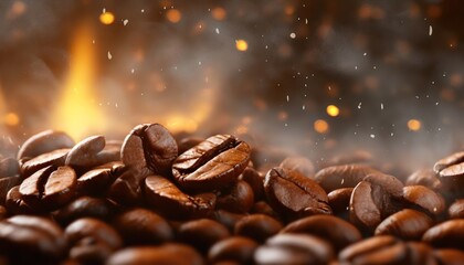 Freshly roasted coffee beans emitting steam and glowing sparks, evoking warmth and aroma.