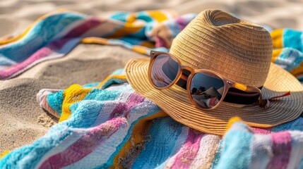 Female sunglasses straw hat and beach towel arranged on beach sand