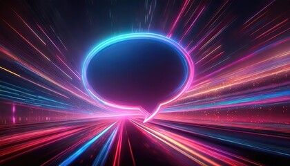 A luminous neon speech bubble. Dynamic streaks of light extend outward, creating a futuristic communication concept. High-energy digital dialogue.