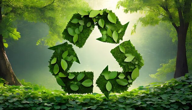 Green recycling symbol made of leaves set against a vibrant forest background, symbolizing eco-friendly practices.