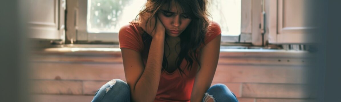 Woman sitting on the floor with her hands on her face. Boredom  concept background