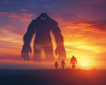 Ominous silhouettes against a glowing horizon, super realistic
