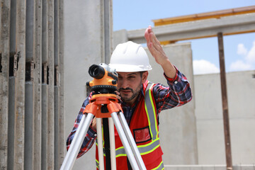  Civil engineer or construction engineer working with survey camera ,Engineer builder with Auto Level camera - Powered by Adobe