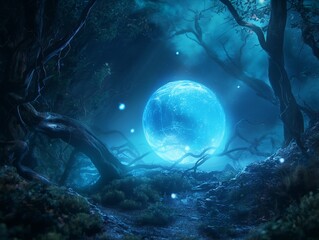 Naklejka premium A captivating scene of a glowing moon nestled in a surreal, enchanted forest with ethereal lighting.