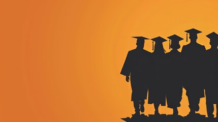A group of people wearing graduation caps and gowns are standing in front of a bright orange background
