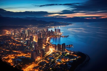 Malaysia landscape. Majestic Twilight Over Coastal Cityscape with Illuminated Skyscrapers and Ocean.