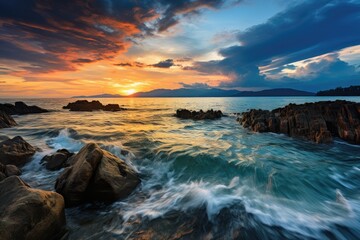 Naklejka premium Malaysia landscape. Stunning Sunset Over Rocky Coastal Seascape with Vibrant Sky.