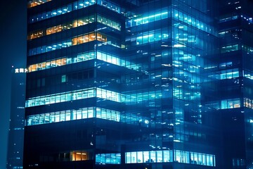 Obraz premium Pattern of office buildings windows illuminated at night. Glass architecture ,corporate building at night - business concept. Pattern of office buildings windows illuminated at night. generative ai.