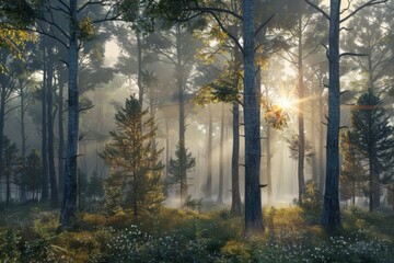 Obraz premium Sunlight Piercing Through Misty Forest Morning