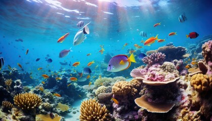 Tropical fish in the underwater, coral reef, amazing underwater life, various fish and exotic coral reefs, ocean wild creatures background