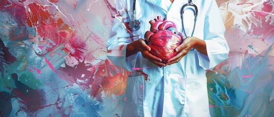 Fototapeta premium A digital art piece featuring a doctor with a model heart, suitable for use in blogs and articles discussing heart health and medical advancements in cardiology