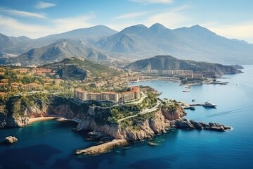 Obraz premium Monaco landscape. Breathtaking Aerial View of Mediterranean Coastal Town with Mountains and Sea.