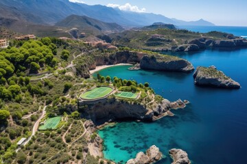 Fototapeta premium Monaco landscape. Aerial View of Tennis Courts on Coastal Cliffs Overlooking Turquoise Sea.