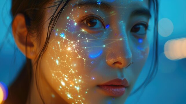 Close-up of a Korean model applying translucent glowing makeup reflecting a futuristic aesthetic
