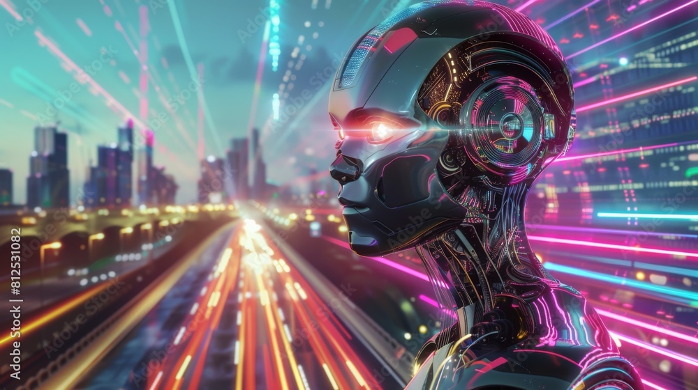 Poster a robot with glowing eyes stands in front of a cityscape. the robot is surrounded by a blur of light