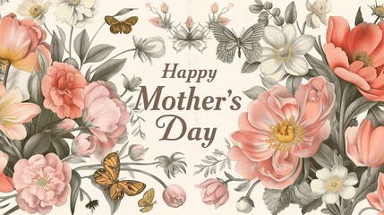 a poster for Happy Mother's Day with flowers and butterflies.