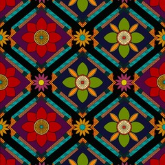 the vibrant beauty of our floral ethnic pattern, featuring tones of green, red, and blue that make the flower motifs stand out with striking contrast ethnic the background. Tailored for the textile 