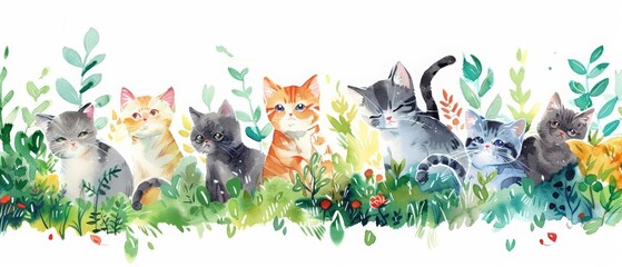 A kawaii watercolor of a group of playful kittens in a sunlit garden, presented as a simple clipart isolated with a white background