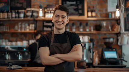 Portrait of a handsome barista in black t-shirt and apron standing at the bar of the modern cafe