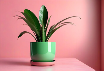 A snake plant in a shiny green pot on a table in a powder pink room with copy space