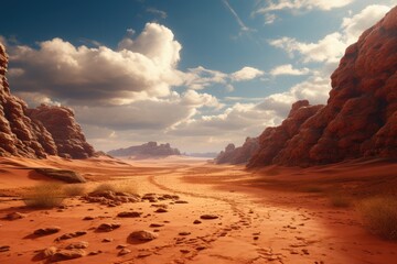 Naklejka premium Generative AI. Majestic Red Desert Landscape with Dramatic Sky and Rugged Terrain.