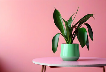 A snake plant in a shiny green pot on a table in a powder pink room 