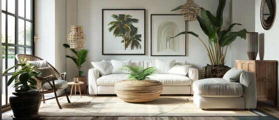 A living room with a white couch, a coffee table, and a potted plant