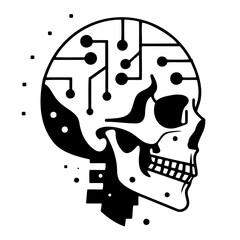 a black and white drawing of a skull with a circuit board inside of it