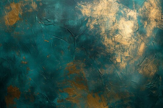 Painting of a green and gold background with a gold leaf