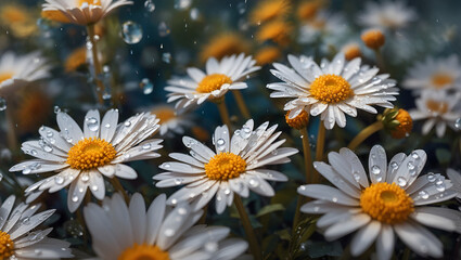 Water drops on a beautiful colorful daisy flowers gardens background design wallpaper