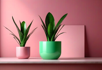 A snake plant in a shiny green and pink pots on a table in a powder pink room with copy space
