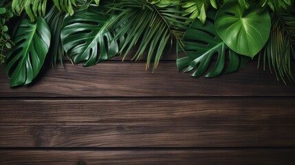 A wooden background with green leaves and a green leafy plant
