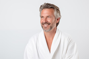 Middle aged man over isolated white background in a bathrobe