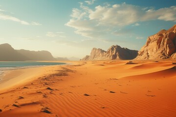 Naklejka premium Generative AI. United Arab Emirates landscape. Desert Oasis with Vibrant Sand Dunes and Mountain Backdrop at Sunset.