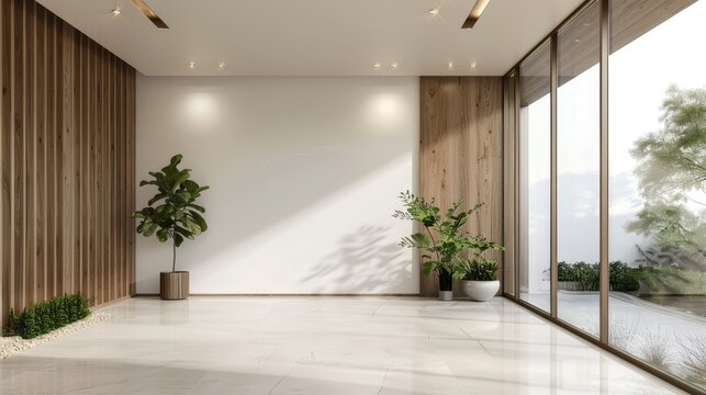 A large, empty room with a white wall and wooden paneling