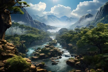 Obraz premium Generative AI. Venezuela landscape. Majestic Mountain Valley with Lush Greenery and Serene River.