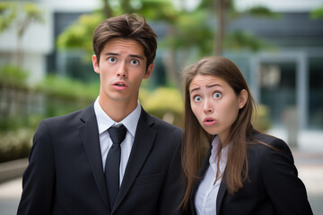Young couple at outdoors business uniform
