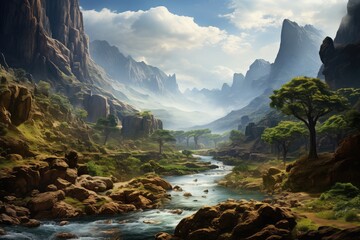 Generative AI. Yemen landscape. Majestic Canyon Landscape with Lush Greenery and Flowing River.