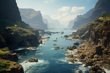Generative AI. Yemen landscape. Majestic Coastal Canyon with Turquoise River and Steep Cliffs.